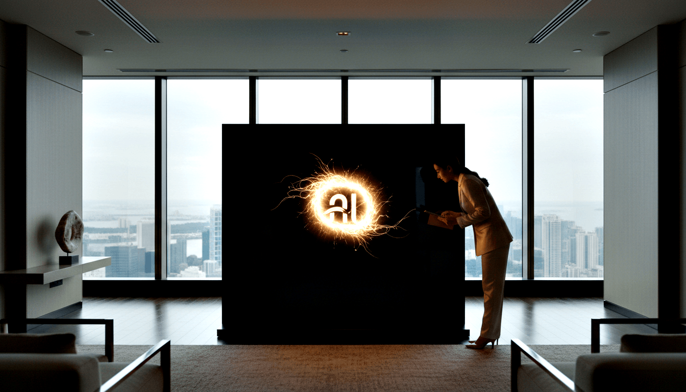Person in white suit holding tablet beside large black display panel with glowing amber emblem in a room with panoramic waterfront windows.