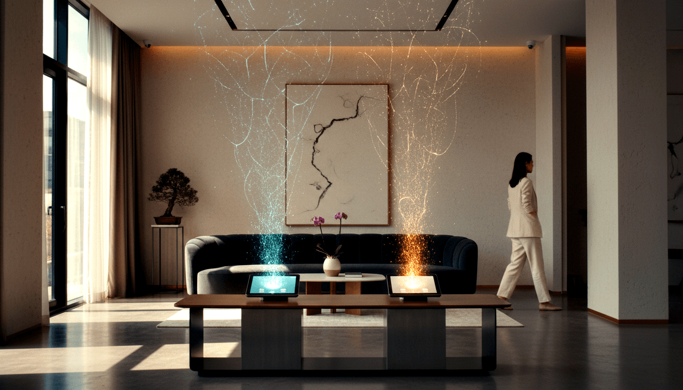 CGI living room with two tablets on a coffee table emitting teal and orange particle effects; woman in cream blazer walks away.
