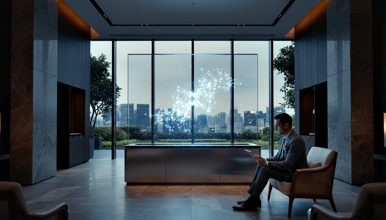 Man in gray suit sits in cream lounge chair in dim corporate lobby, looking at handheld device near glowing blue-white network visualization.