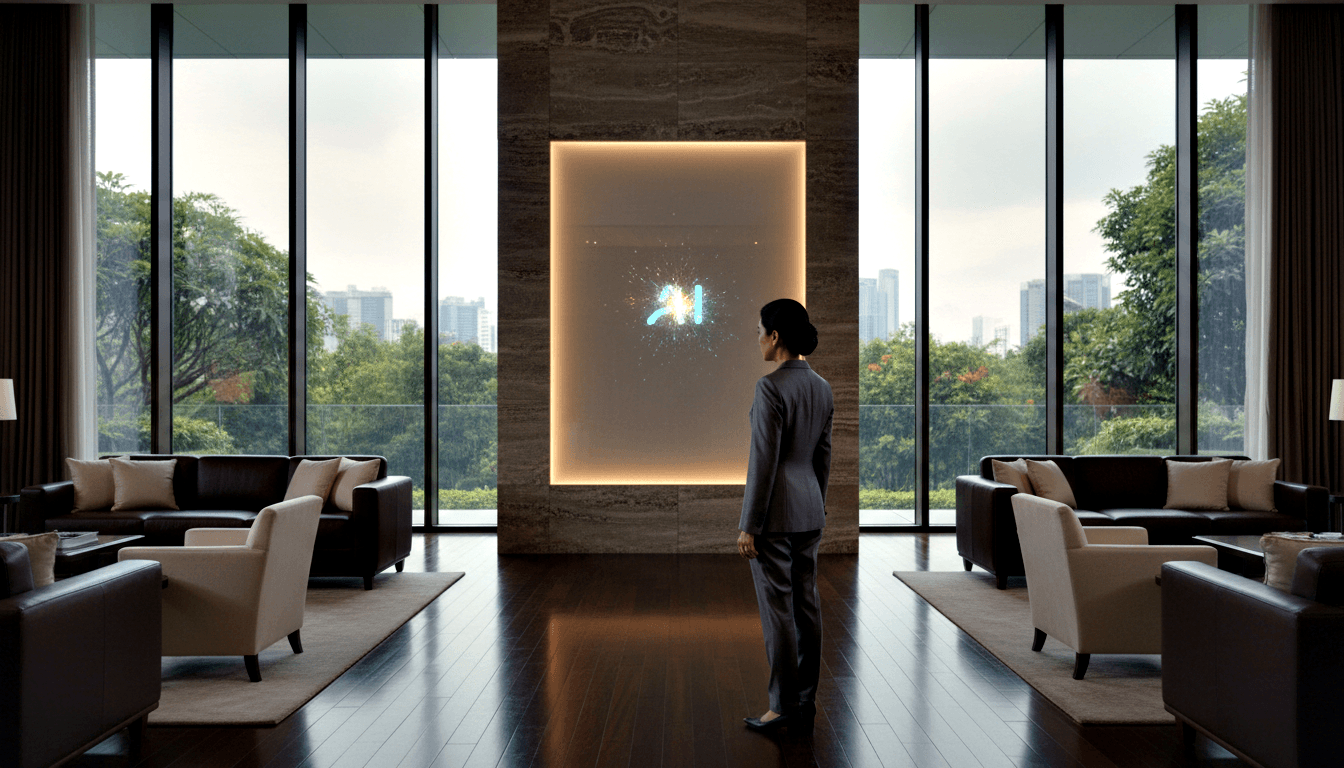 Dark-haired person in gray suit seen from behind in symmetrical lobby facing amber-lit panel with cyan emblem, city view beyond.
