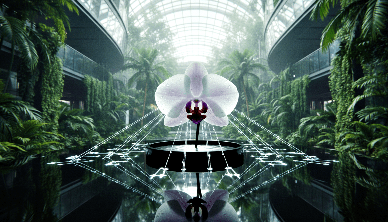 White orchid with magenta center, water droplets on petals; behind, arched glass conservatory with palms, ferns, and water jets.