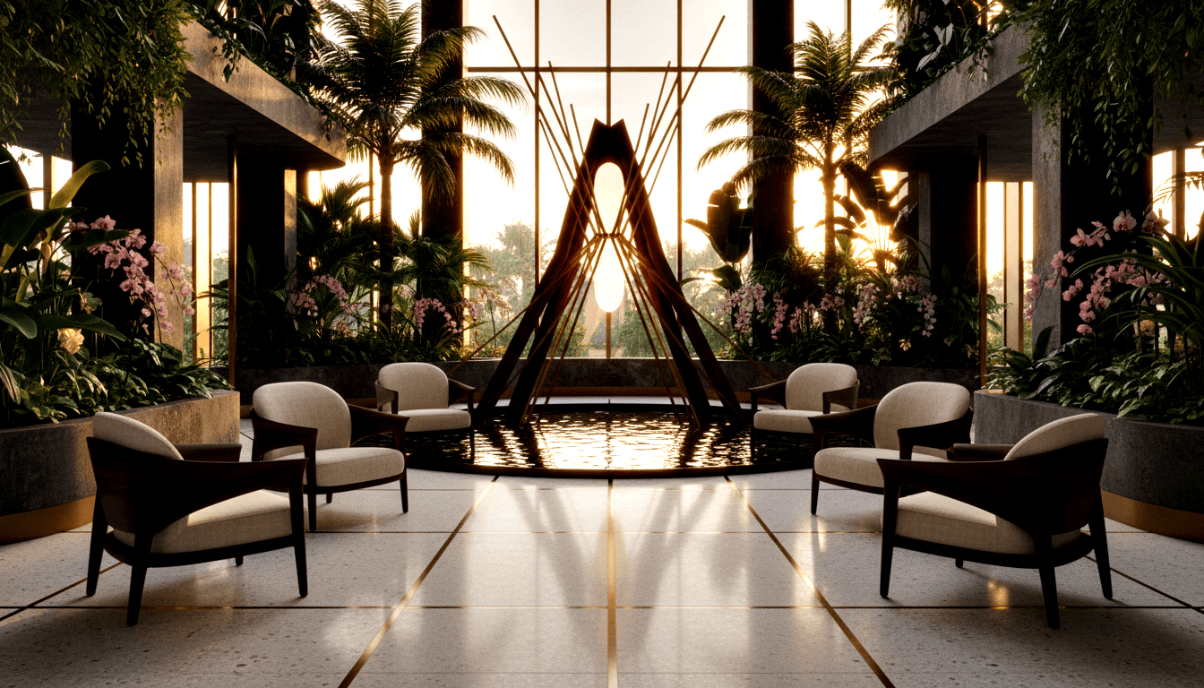 CGI atrium: dark metal pyramid with glowing orb in pool, six cream armchairs, tropical palms, pink orchids, golden backlit windows.