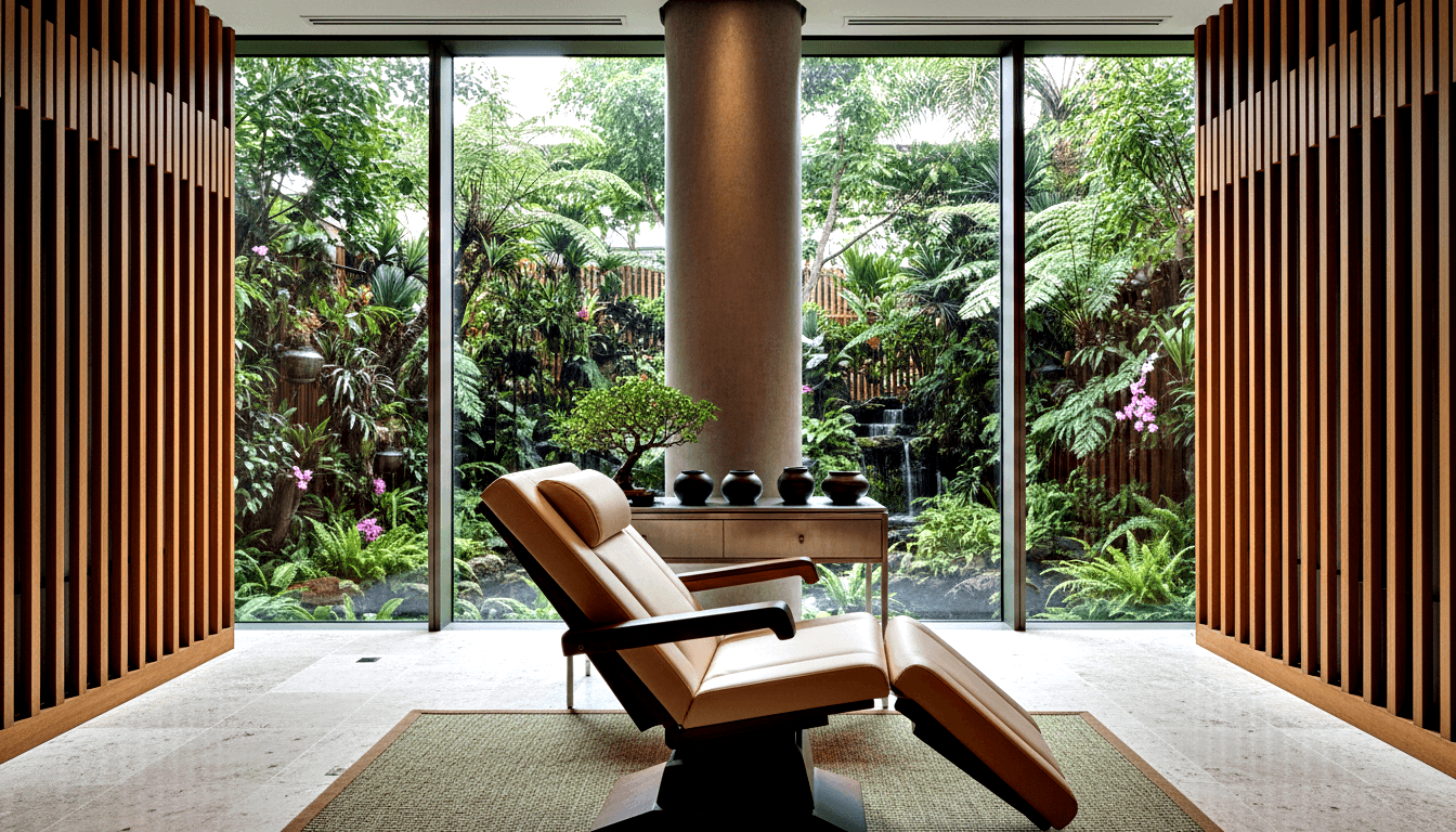 Tan leather recliner on woven rug beside wooden slatted wall panels and concrete columns, with low side table holding ceramic vessels and bonsai.