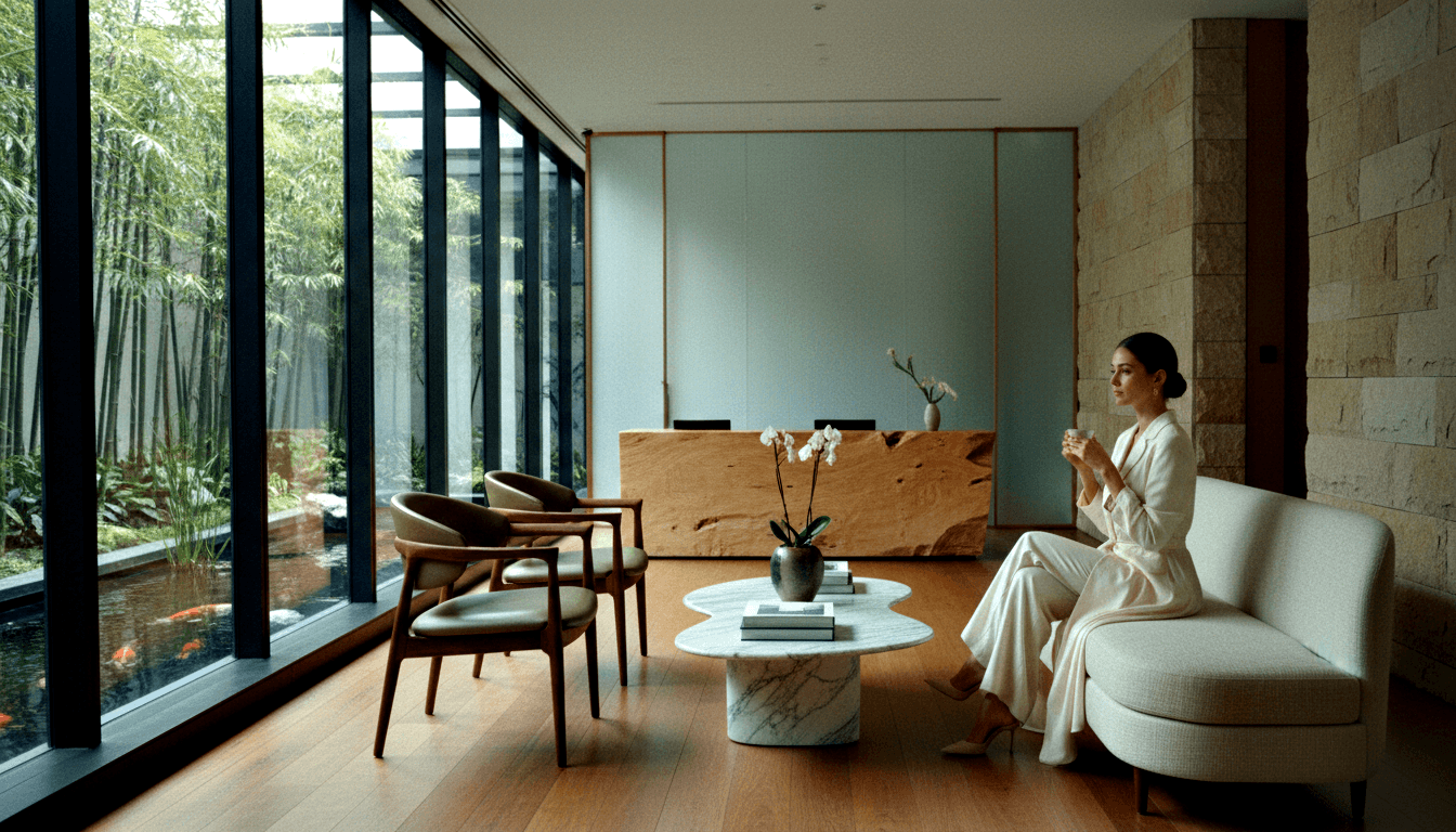 Woman in white pantsuit sits on cream curved sofa holding a cup, gazing at bamboo garden and koi pond through floor-to-ceiling glass.