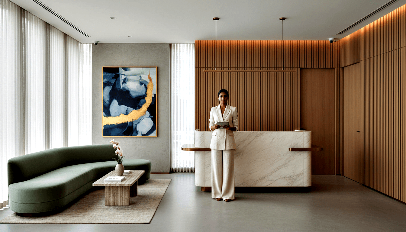 Woman in cream blazer and wide-leg trousers behind marble-and-brass reception desk holding a tablet.