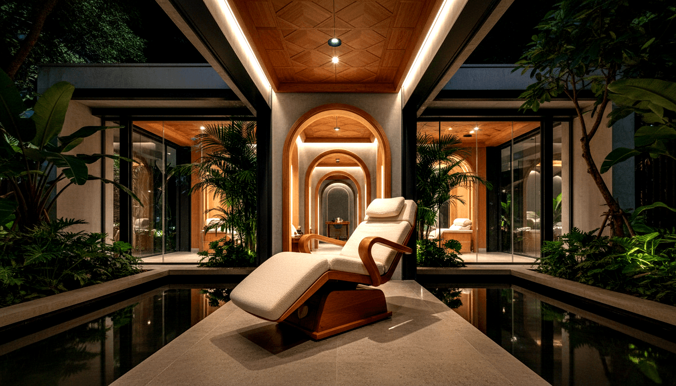 Cream recliner on walnut frame on stone platform between two shallow water channels under amber-lit diamond-patterned wood ceiling at night.