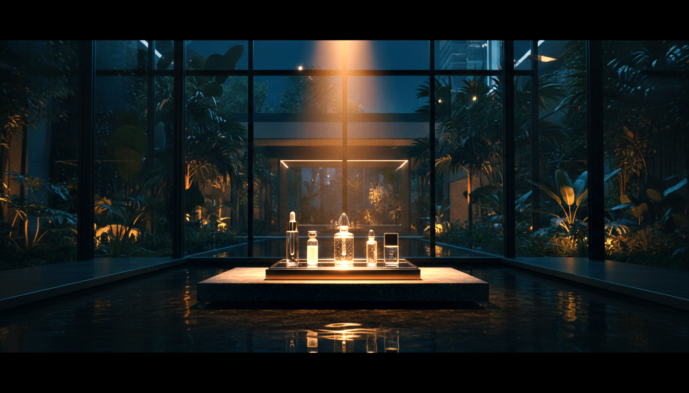 Glass bottles on lit platform with amber glow, spotlight lens flare, floor-to-ceiling windows framing dark tropical garden.
