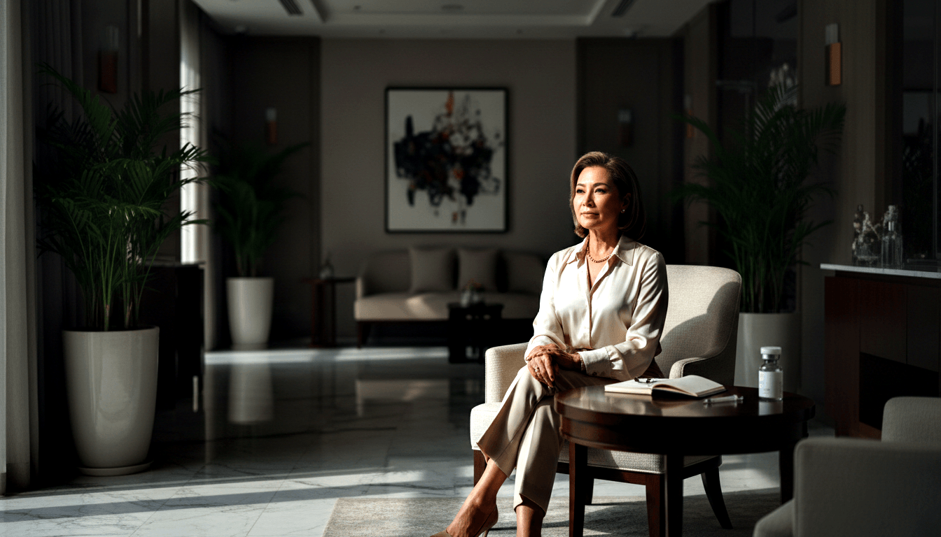 Woman in cream silk blouse, beige trousers, and pearl necklace seated in a cream armchair beside a dark wood side table with notebook.