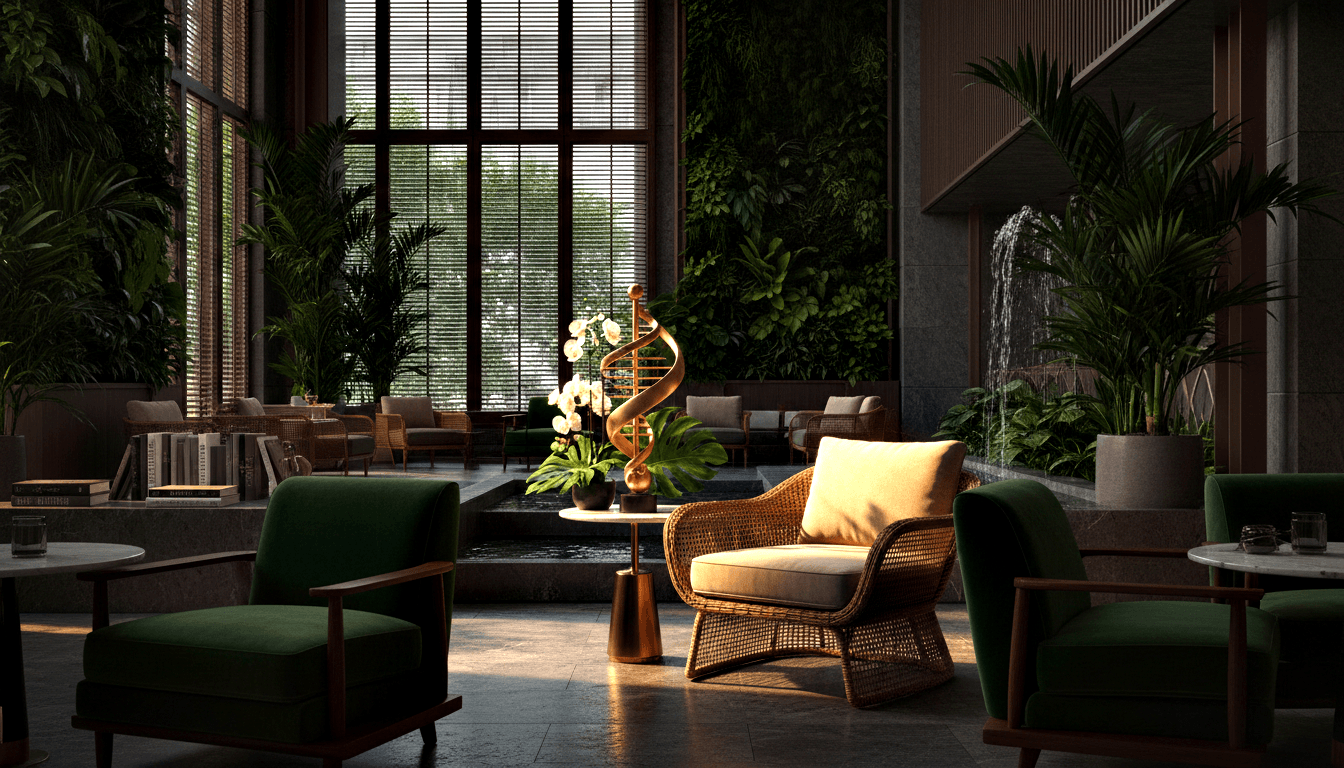 CGI lounge with golden double-helix sculpture on brass pedestal, rattan chair, green velvet chairs, living wall, indoor waterfall.