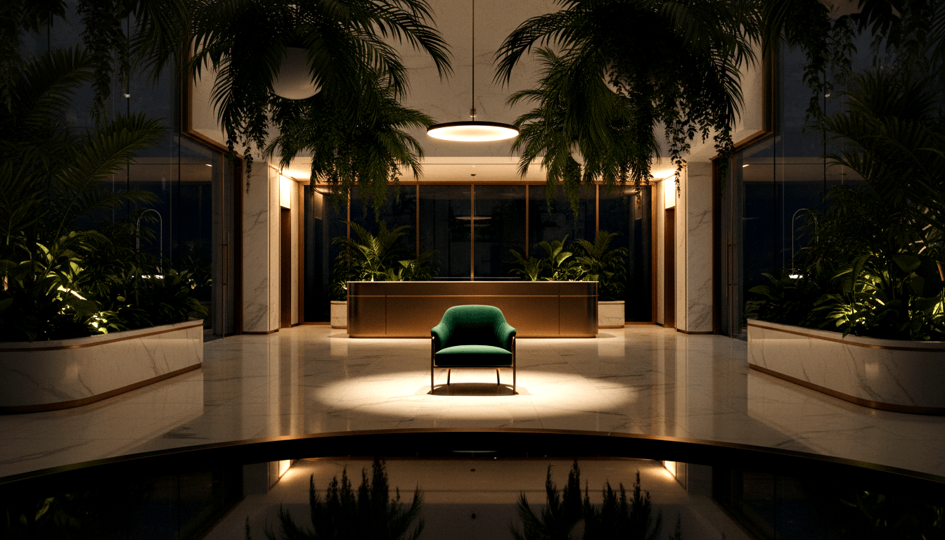 Emerald-green velvet armchair on metal legs centered in a grand lobby with marble floors, gold reception desk, and lit tropical planters.