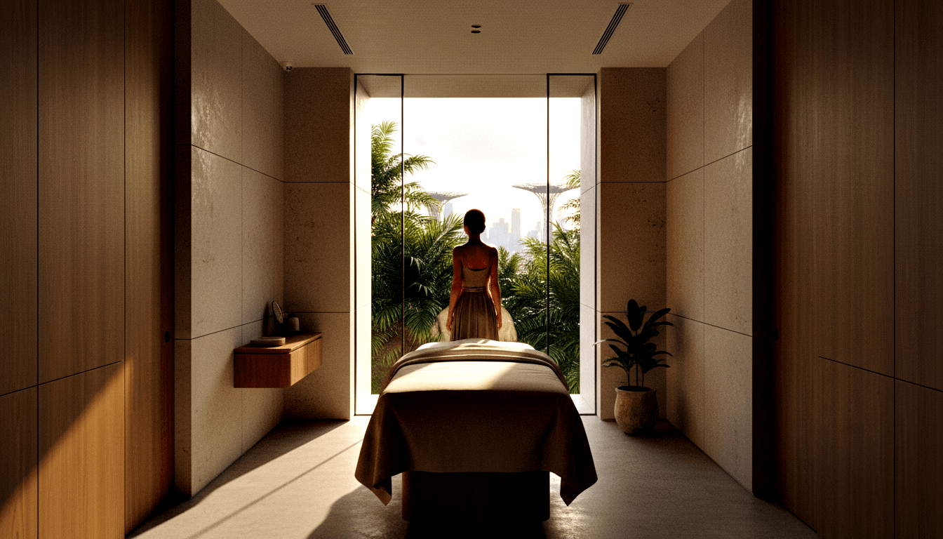 Spa treatment room with massage table; woman in golden skirt stands at glass panels overlooking tropical terrace and city skyline.