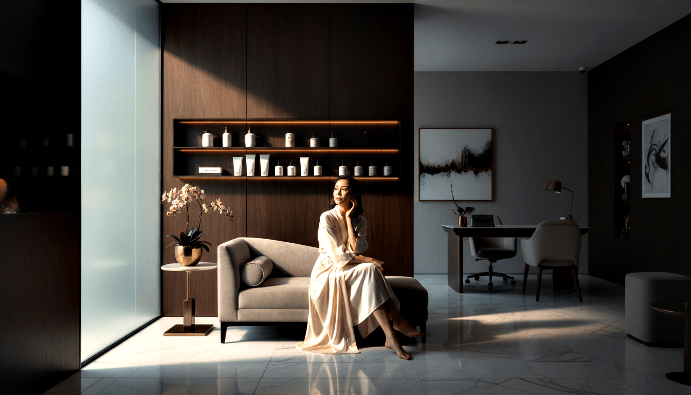 Woman in cream robe sits barefoot on grey sofa, hand near cheek, beside lit shelf of skincare products and pink orchid.