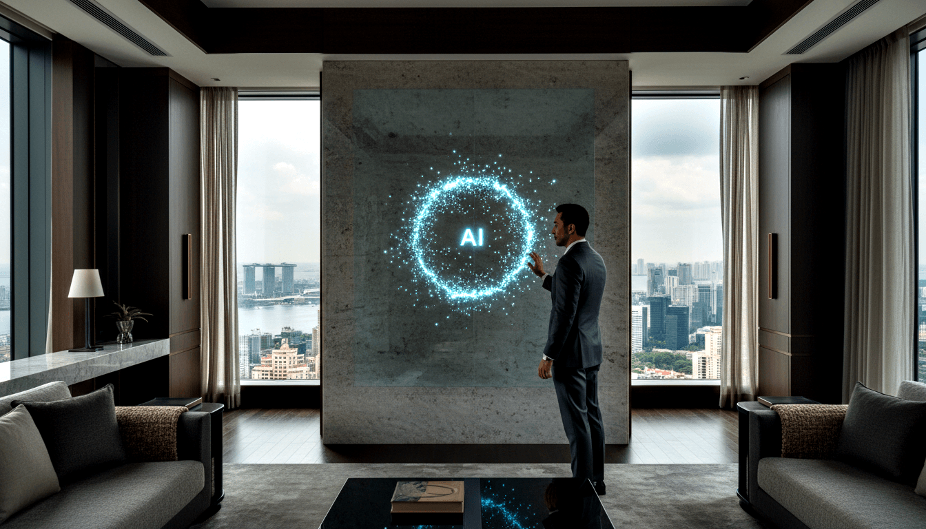 Man in charcoal suit reaching toward glowing cyan circular AI light projection before stone wall, city skyline through windows.