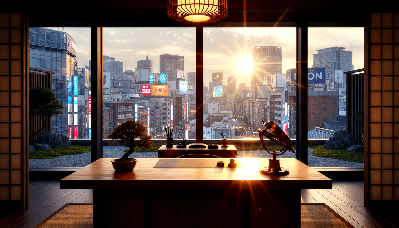 Japanese room with low desk, bonsai, armillary sphere, shoji panels; golden hour neon skyline visible through floor-to-ceiling windows.