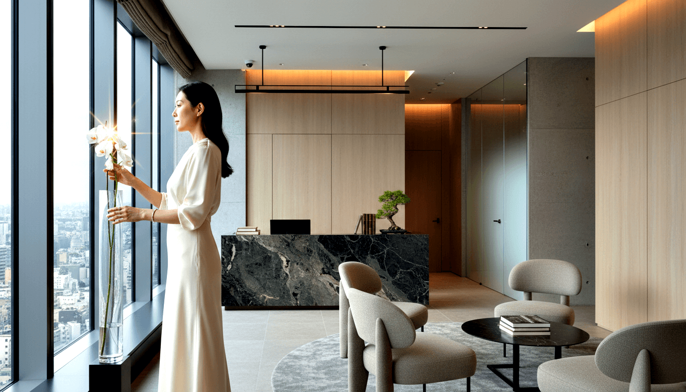 Woman in cream dress holding tall glass vase with white orchids stands in profile by floor-to-ceiling windows with cityscape view.
