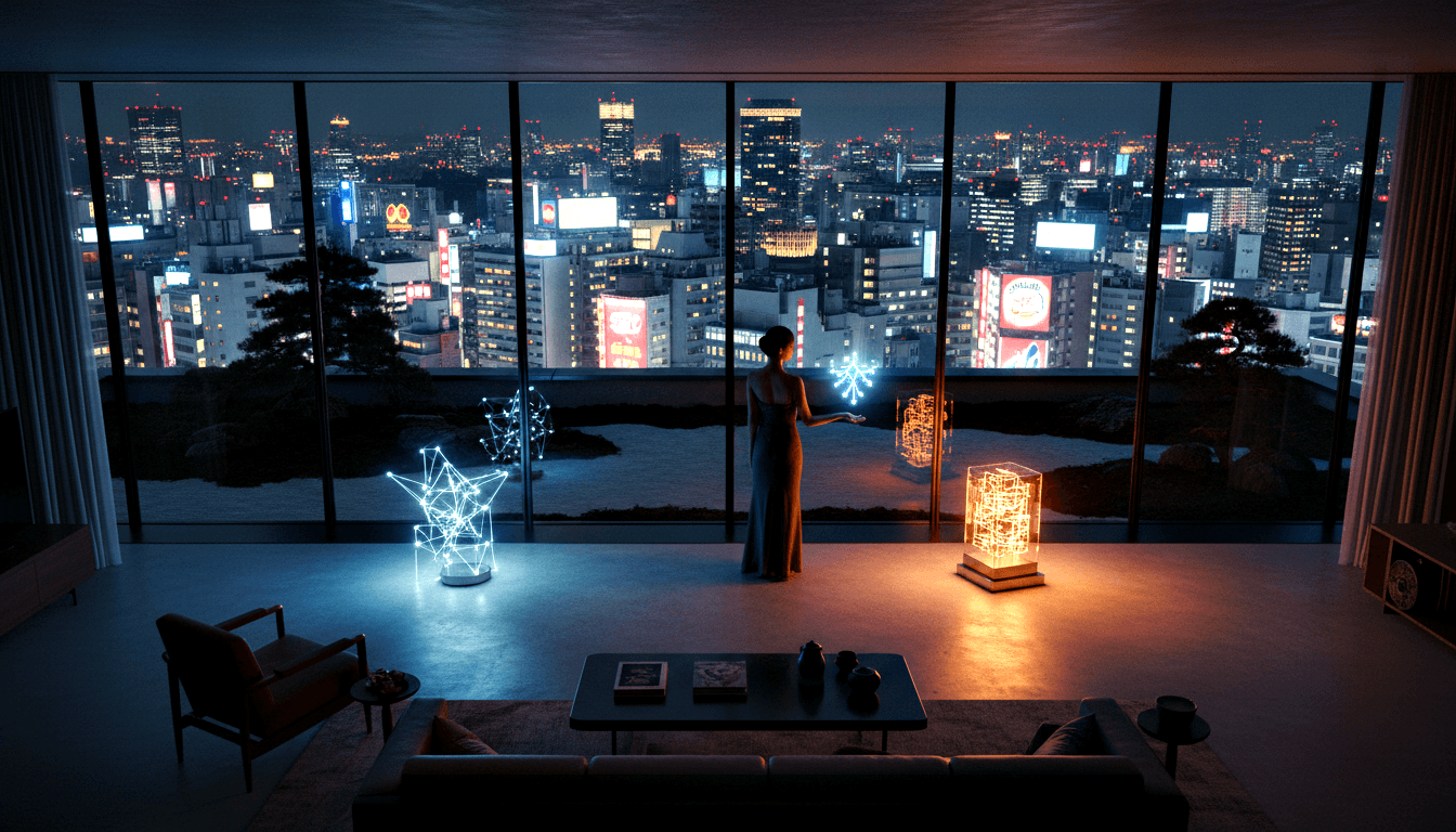 CGI woman in dark slate-blue gown reaching toward a glowing blue geometric light form in a dim modern penthouse at night.