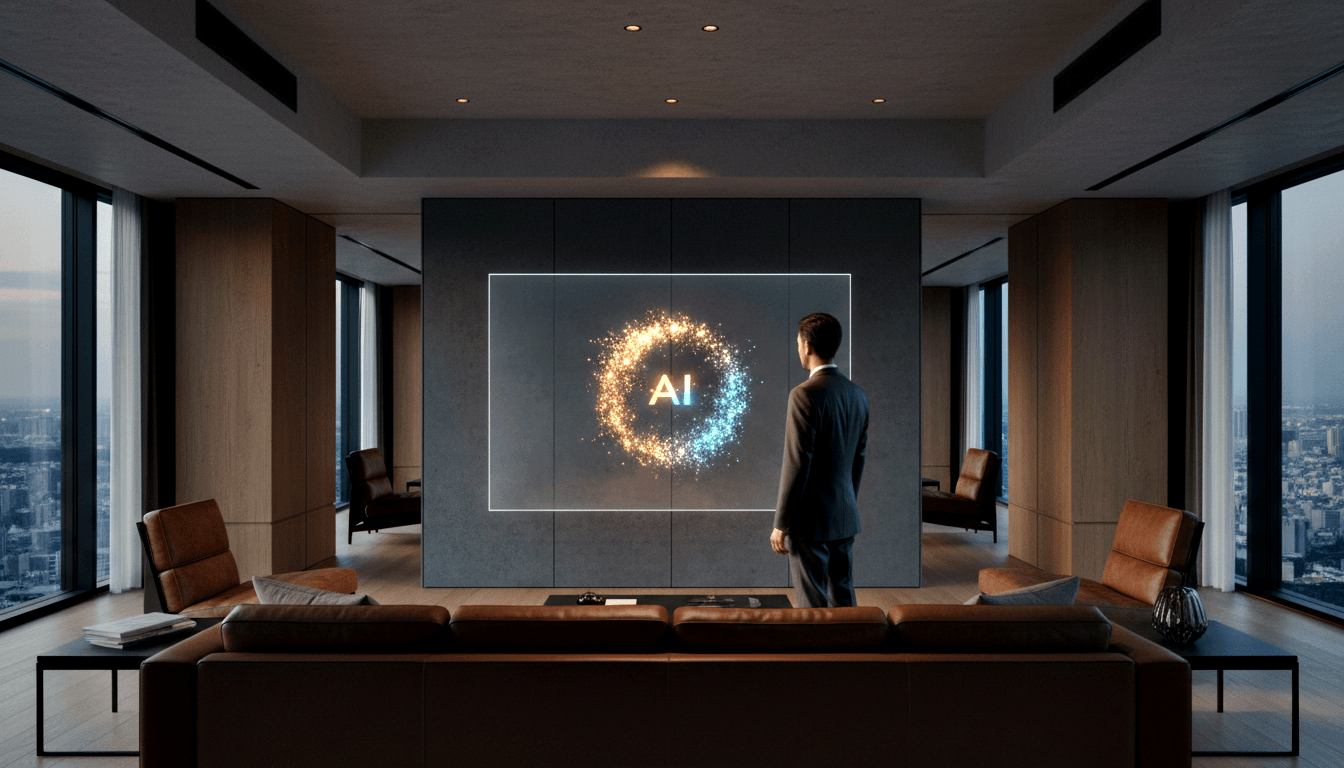 Man in dark suit facing a large wall screen displaying glowing cyan 'AI' text surrounded by swirling gold and cyan particles.