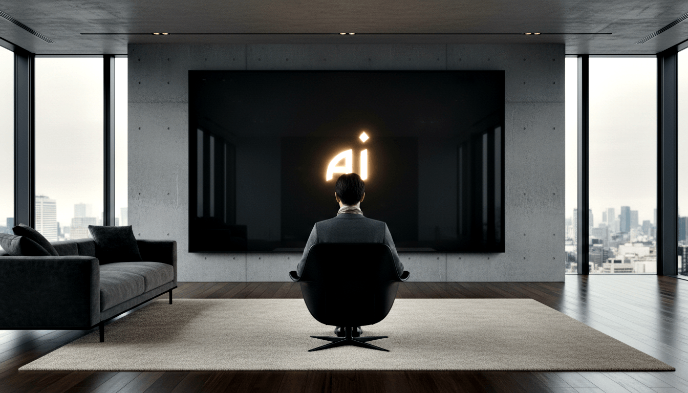 Person in dark blazer seated in black swivel chair facing wall-mounted screen displaying glowing amber text 'Ai' with diamond symbol.