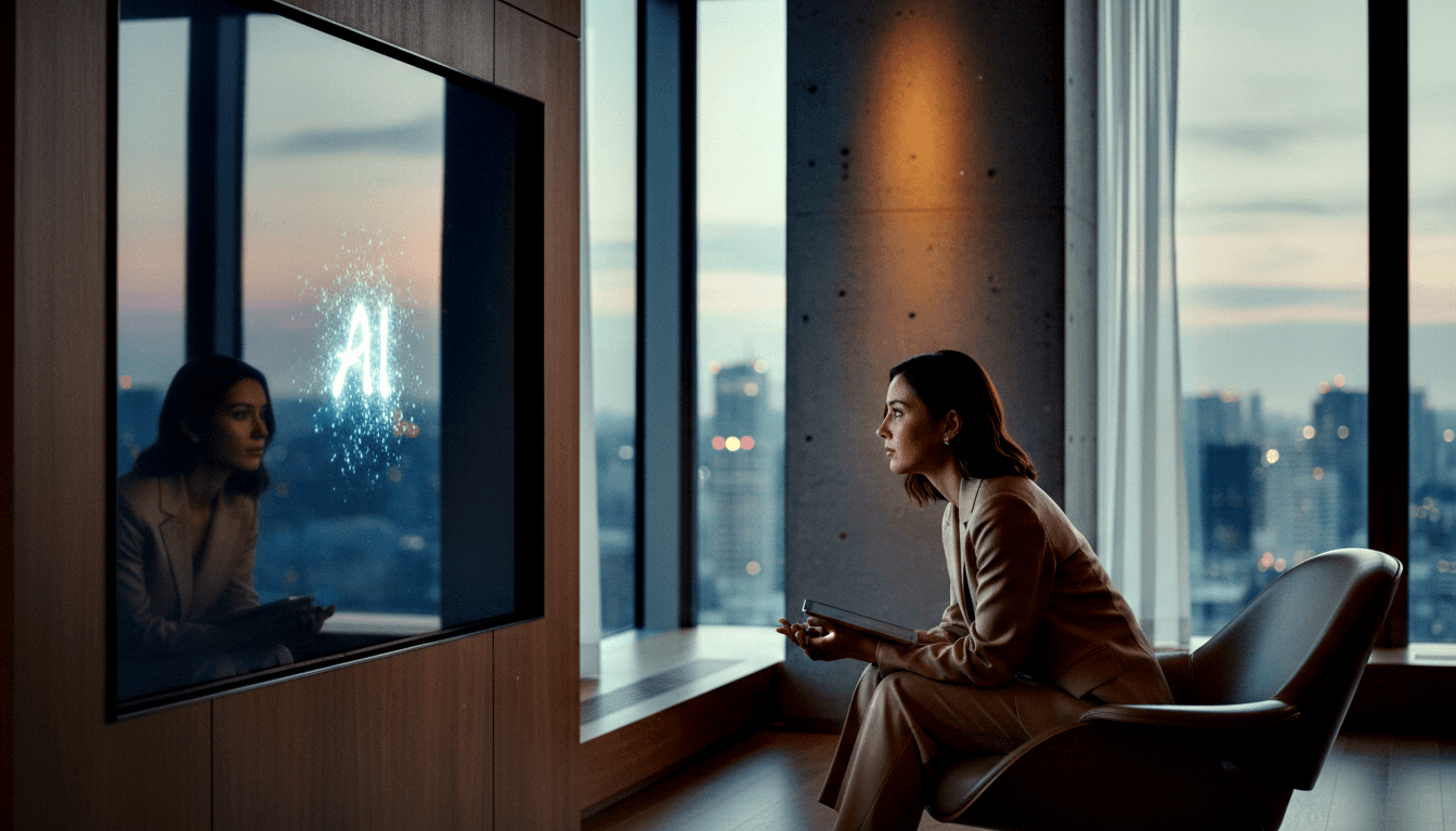 Dark-haired woman in beige blazer holds thin transparent device, gazing at wall panel displaying glowing AI in white particles.