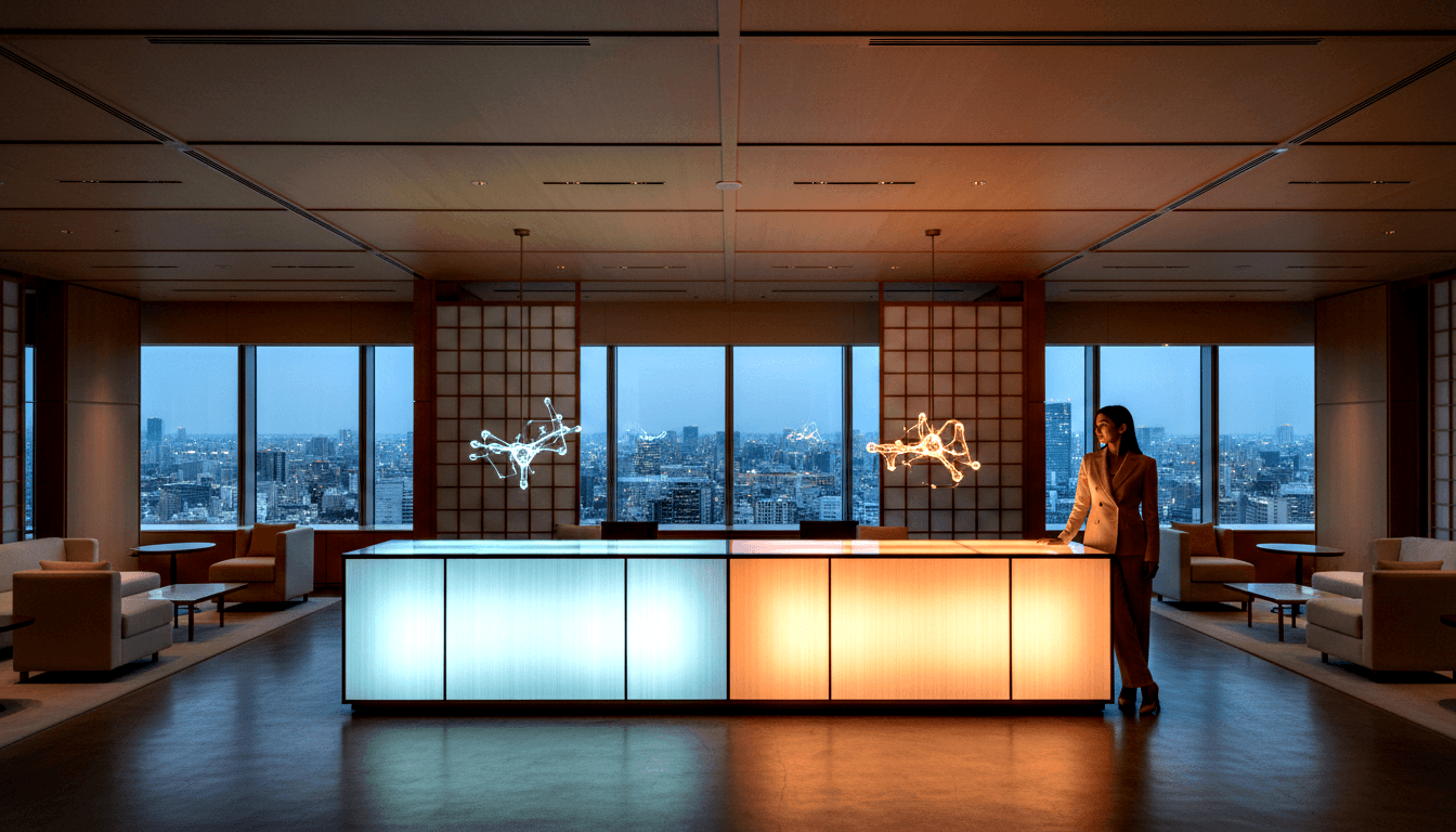 Woman in cream blazer at a reception desk split cool blue-white and warm amber, twilight cityscape behind, molecular pendants above.