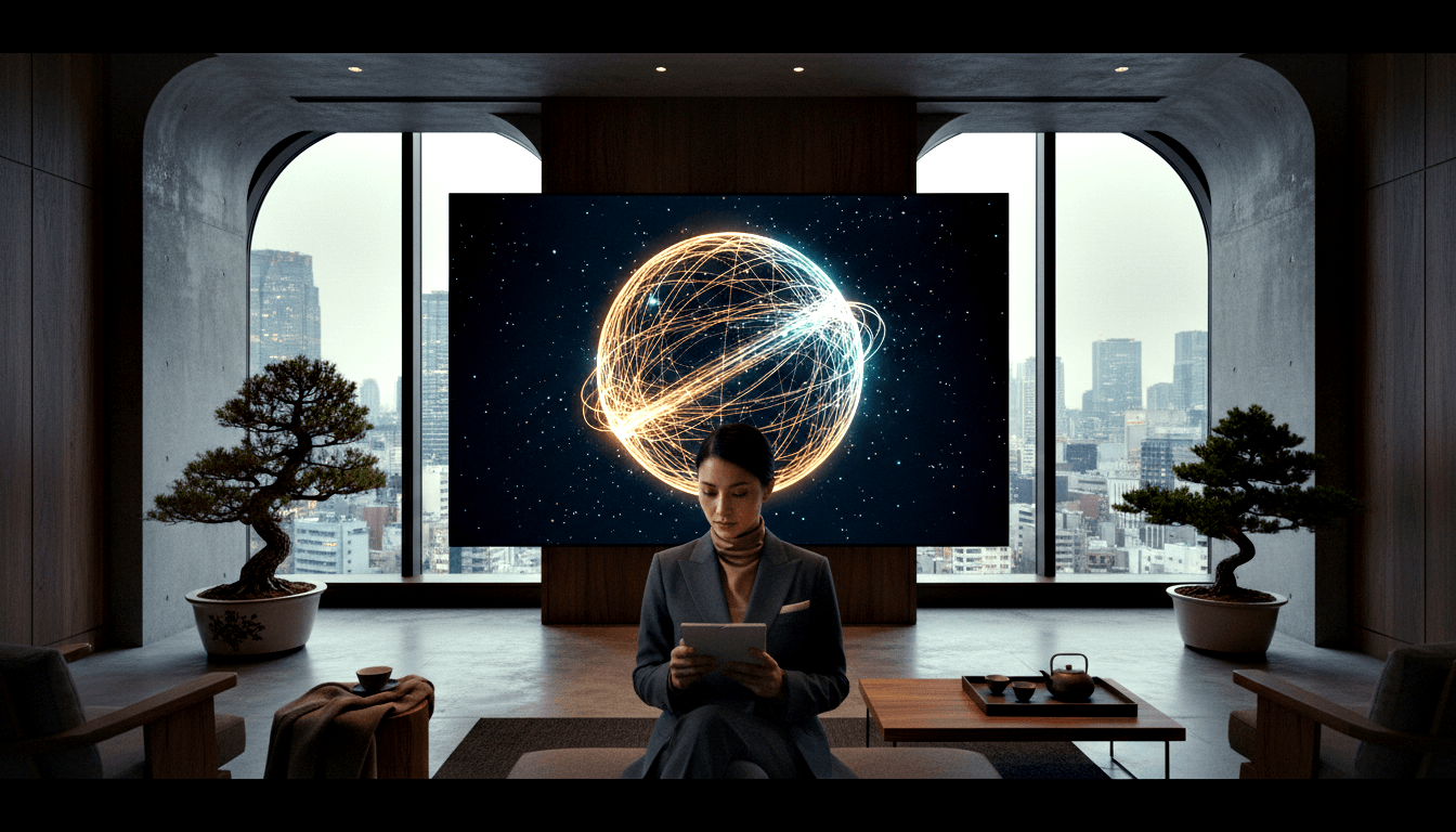 Woman in charcoal blazer and turtleneck looks at tablet in minimalist room with bonsai trees and urban skyline behind her.