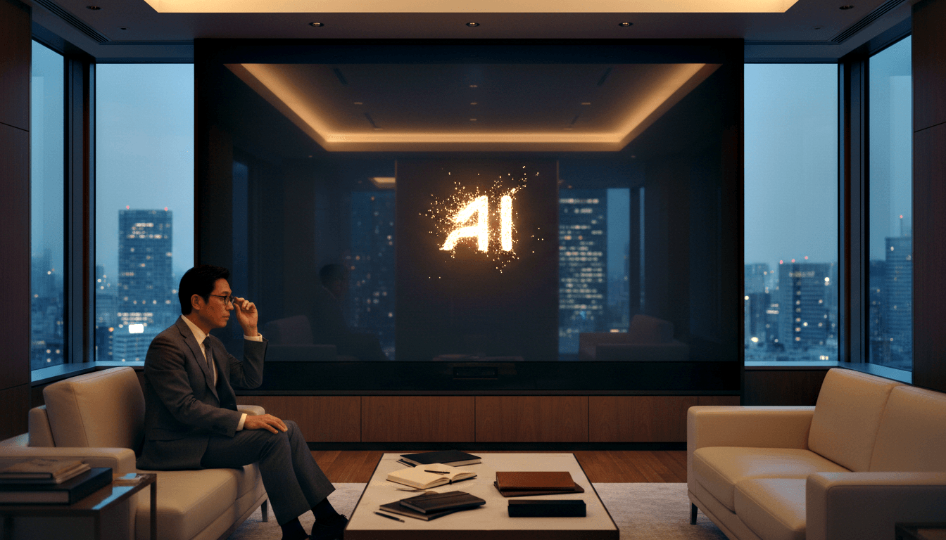 Man in gray suit and glasses sits on cream sofa facing a screen on wood-paneled wall displaying glowing golden 'AI' text.