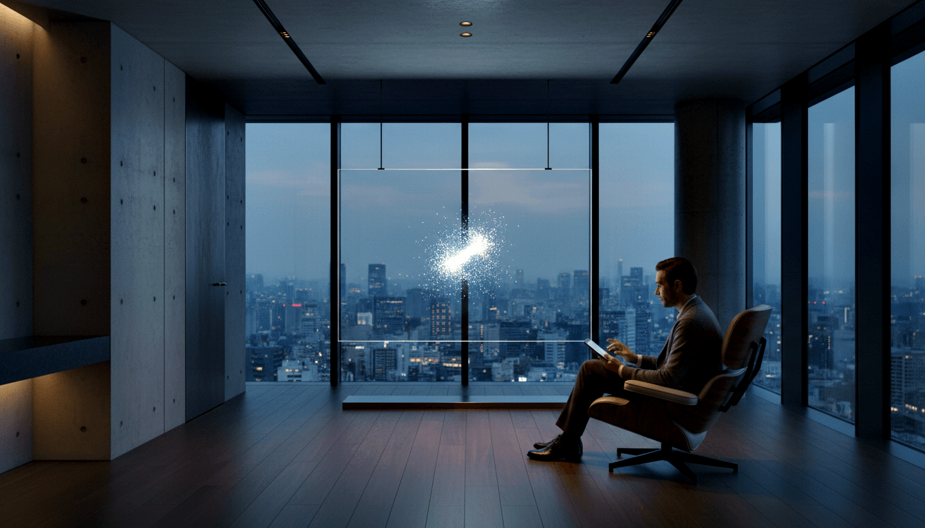 Man in dark suit sits in lounge chair using tablet, facing glowing particle cluster; twilight city skyline through floor-to-ceiling windows.