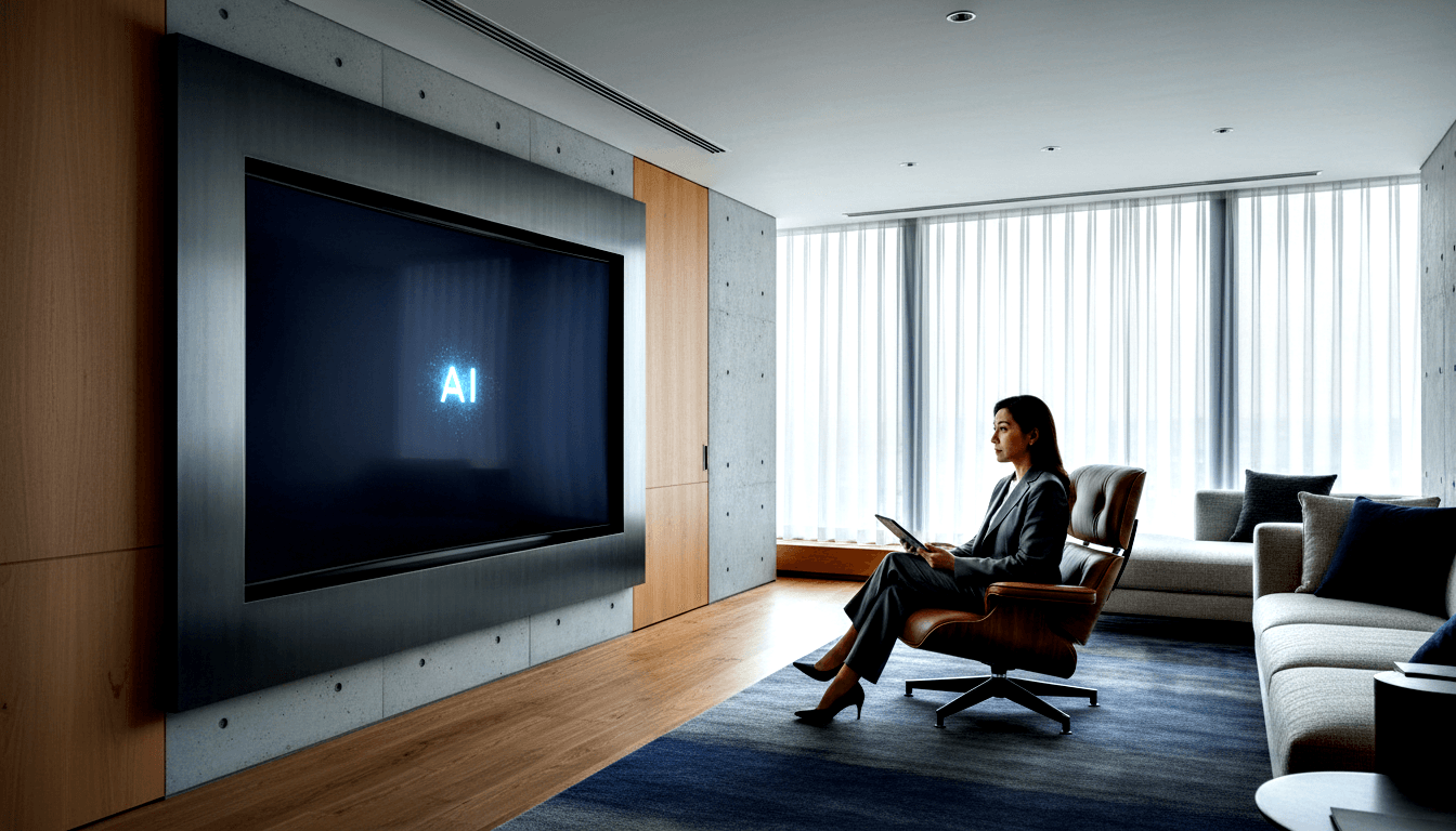 Woman in charcoal suit sits cross-legged in leather chair holding a tablet, facing a wall-mounted TV displaying glowing blue letters 'AI'.