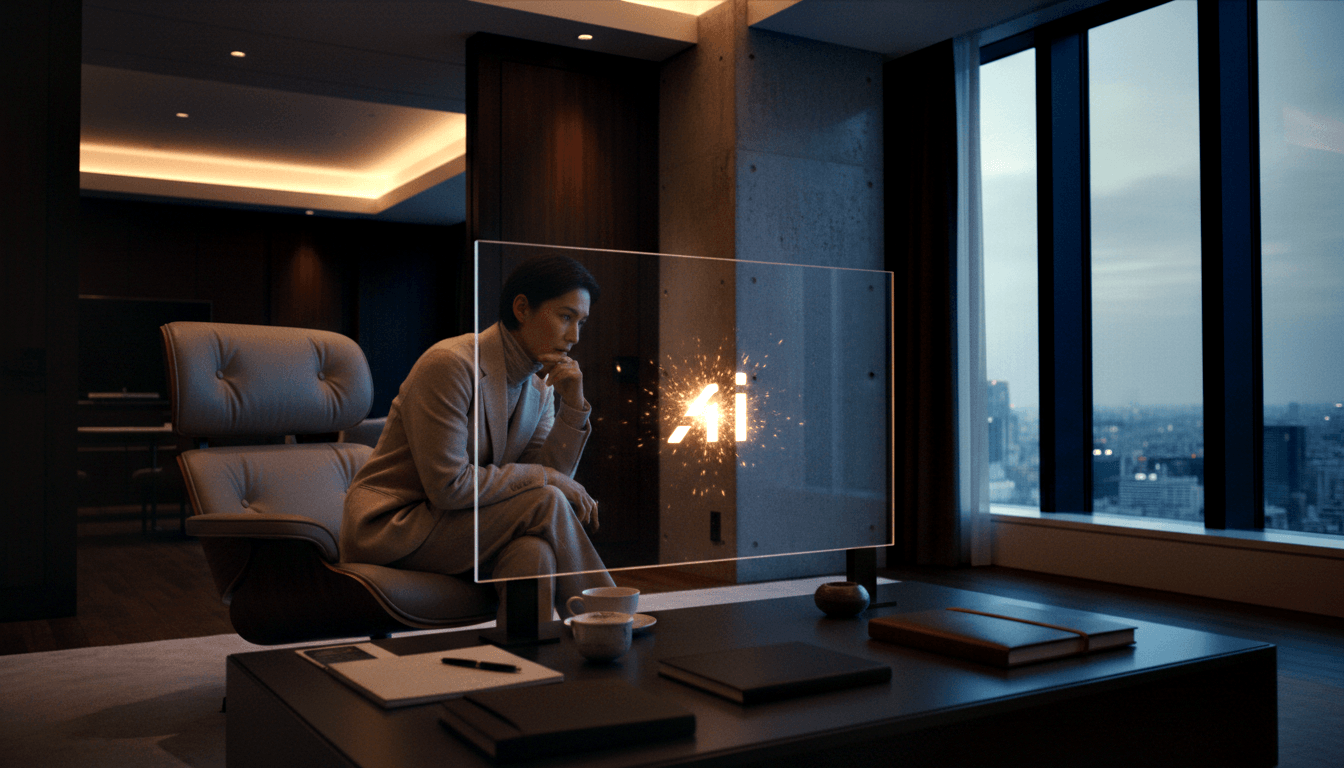 Woman in cream blazer sits in tan leather chair, chin on hand, facing a glowing symbol on a transparent glass panel.