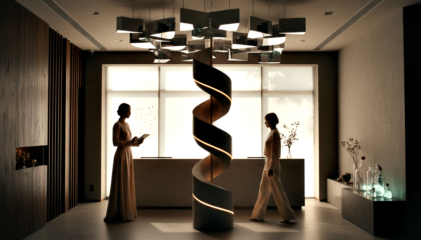 Tall spiral sculptural column with amber LED strips flanked by two figures in cream attire in a reception space with wood-paneled walls.