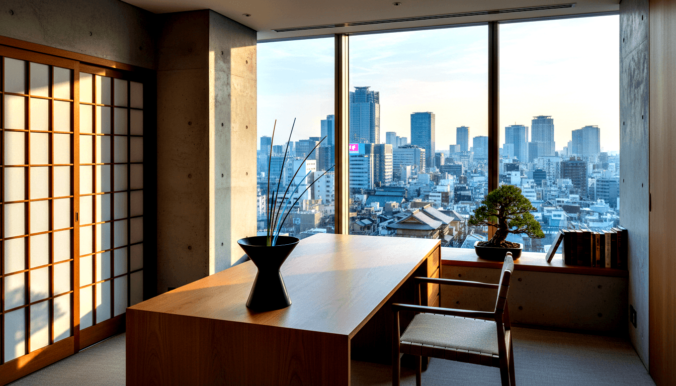 Amber wood desk and woven chair face floor-to-ceiling windows with blue-grey skyline; shoji screens catch golden-hour light.