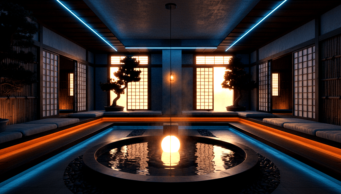 Glowing orb floats in amber-lit stone pool; bonsai trees and benches flank space under cyan LED strips.