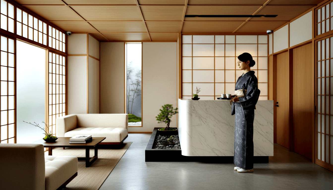 Woman in dark kimono with traditional updo stands behind white marble reception desk holding tray with ceramic cups, beside bonsai rock garden.