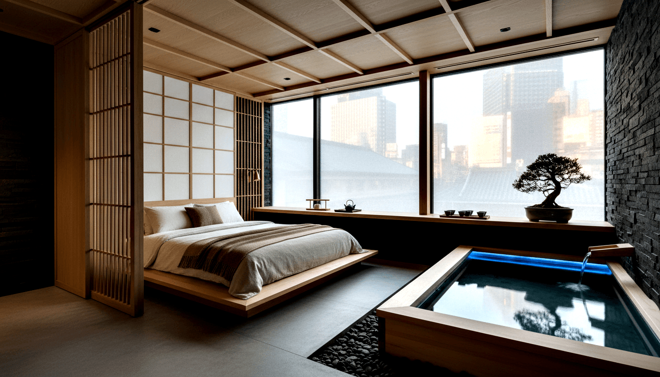 Minimalist Japanese room: platform bed, shoji screens, wooden soaking tub with blue-lit water, amber urban skyline at dusk.