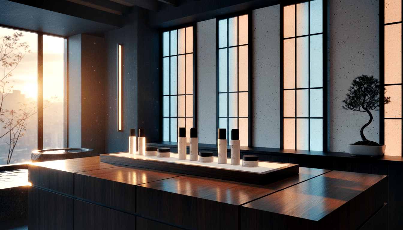 3D Japanese interior: dark wood beams, shoji windows, walnut counter with skincare bottles, jars, stone bowl, bonsai.