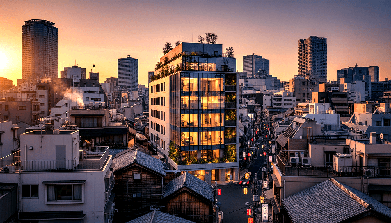 Glass-steel mid-rise with vertical greenery and rooftop garden among tiled roofs and red lanterns at golden hour.