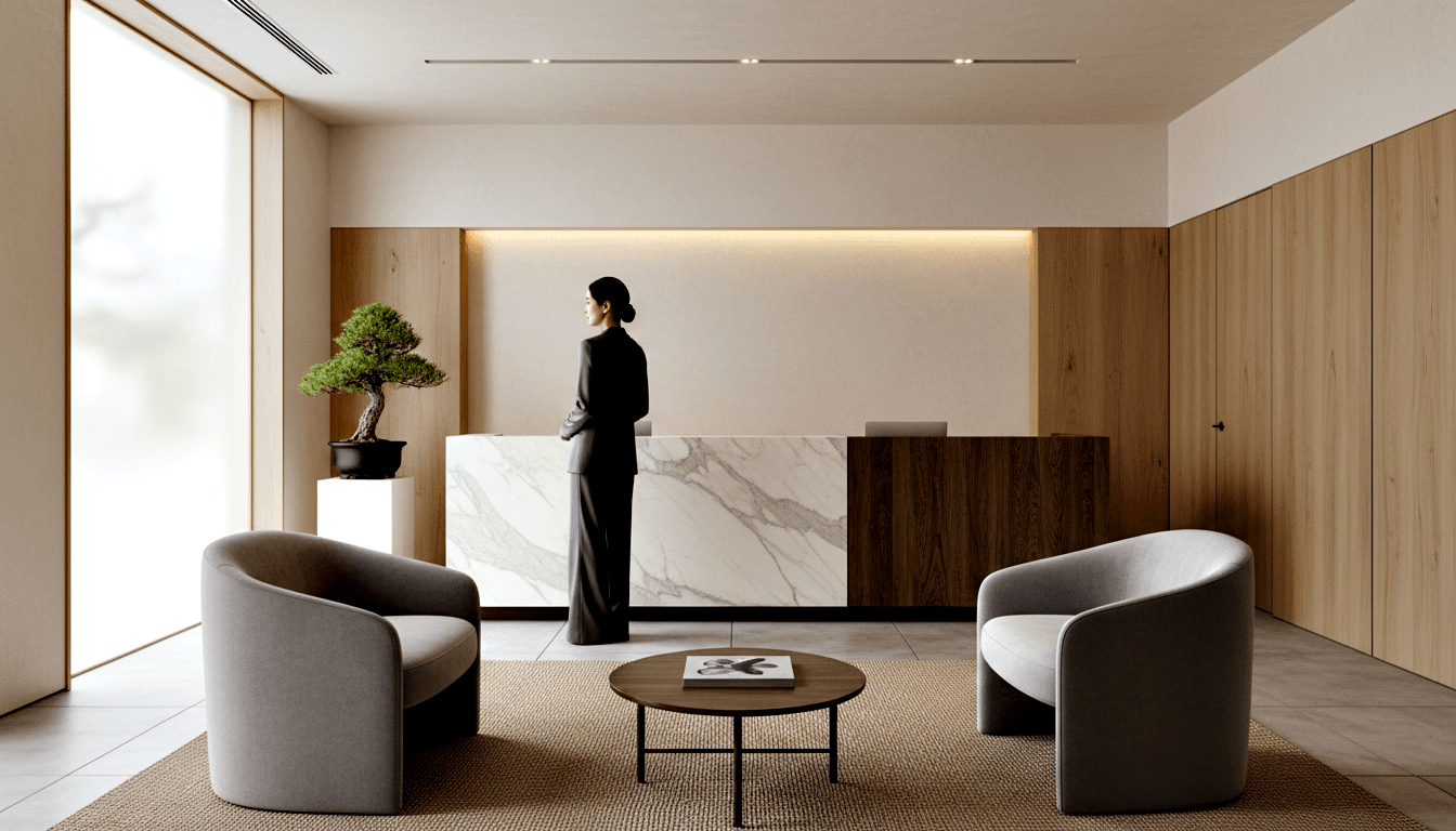 CGI lobby with marble reception desk, woman in dark suit, two grey barrel chairs, bonsai on pedestal, and blonde wood paneling.
