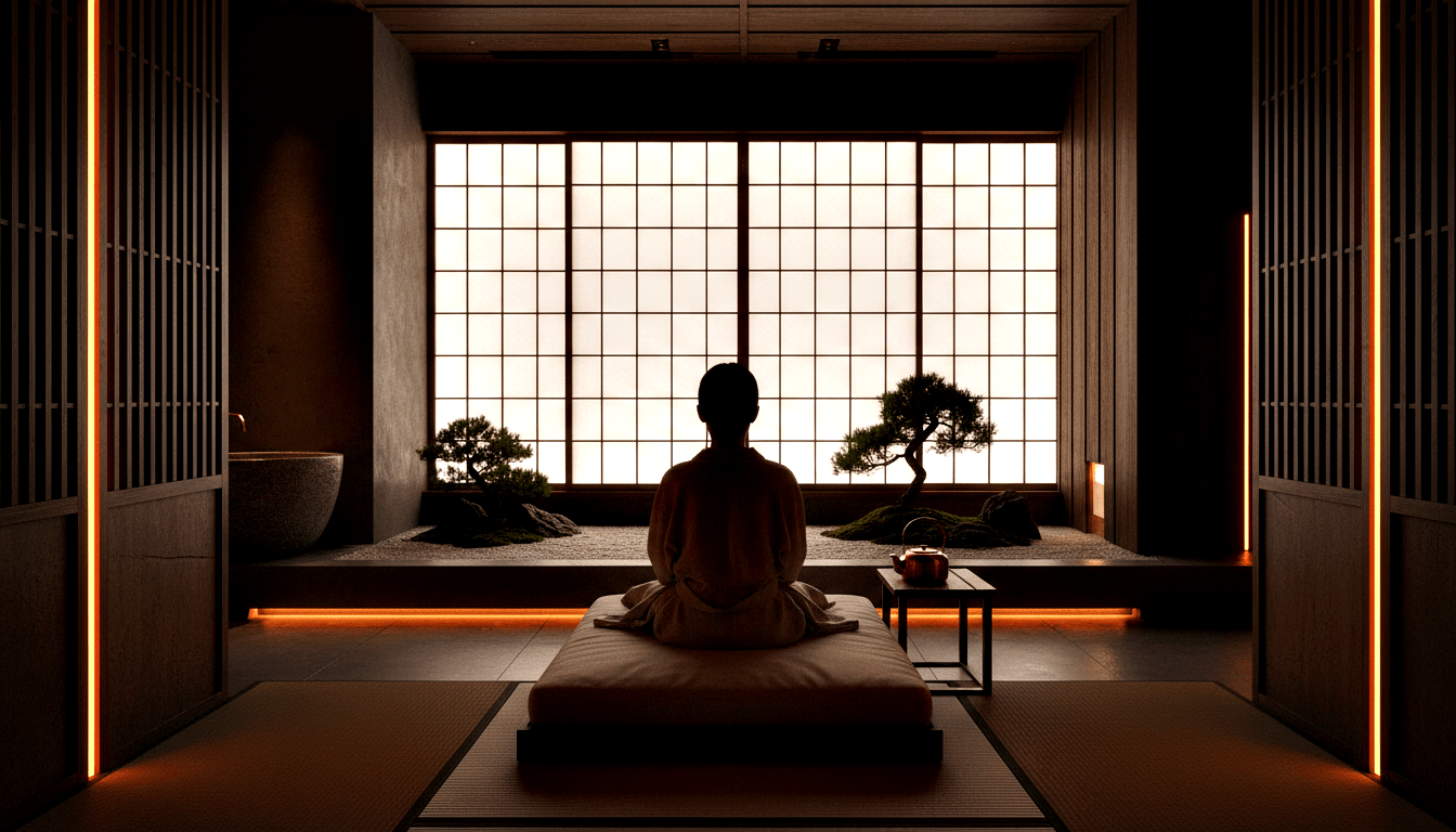 Person in loose robe sits cross-legged on cushion facing a glowing shoji screen, flanked by wooden lattice panels with amber LED strips.