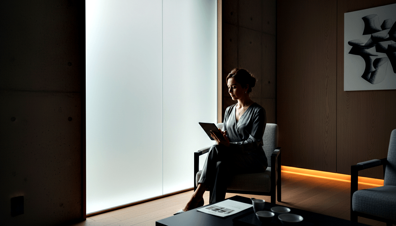 Barefoot woman in grey top and dark trousers sits in grey armchair viewing tablet; concrete walls, wood paneling, frosted glass panel.