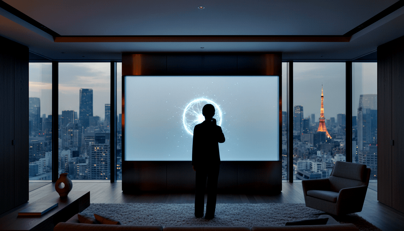 Silhouetted adult in dark formal attire, seen from behind, facing a wall-mounted screen displaying a glowing cyan-white spherical network.