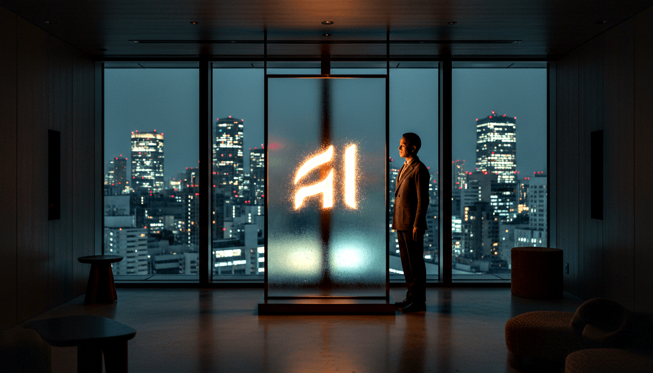 Man in dark suit stands beside a glowing amber-orange frosted panel in a dim high-rise with floor-to-ceiling windows showing a nighttime skyline.