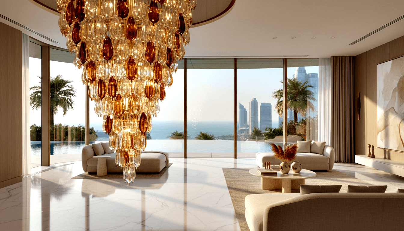 CGI living space with cream curved sofas, marble floors, tiered chandelier, and infinity pool terrace with ocean views.
