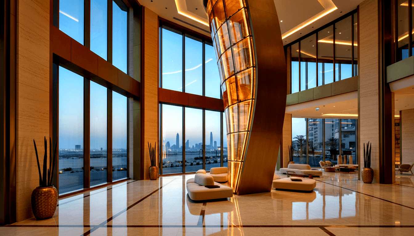 Atrium lobby with twisted amber-copper glass column, travertine floors, white seating, gold vases, waterfront skyline at dusk.