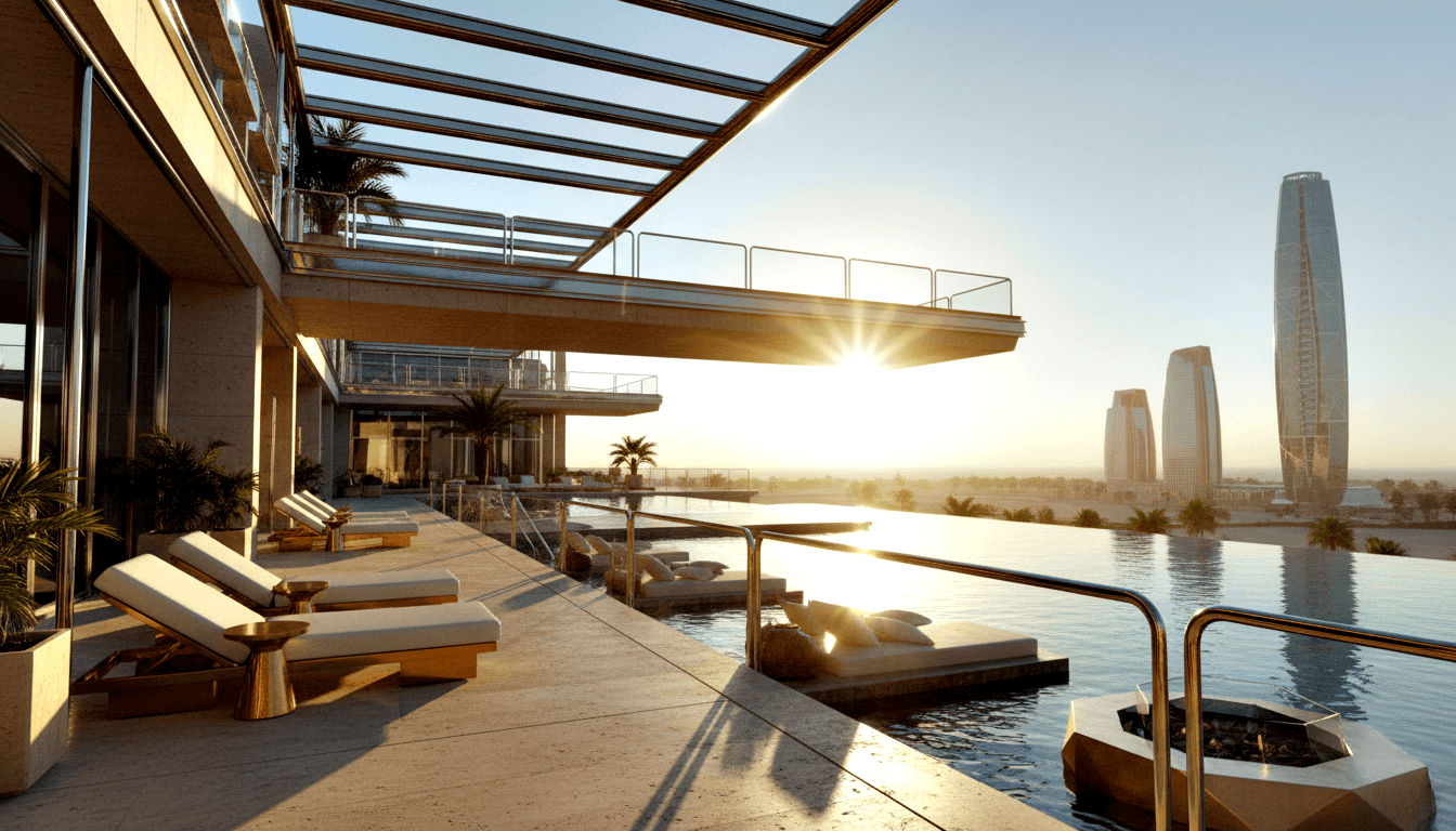 Elevated terrace with infinity-edge pool, brass-framed white loungers, travertine paving, glass railings, hazy skyscraper skyline at golden hour.