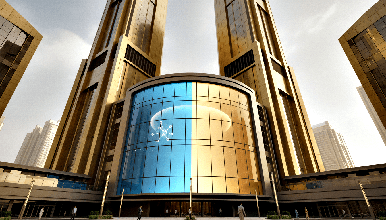 CGI twin gold-clad towers linked by curved glass atrium housing luminous sphere; pedestrians on plaza, overcast sky.