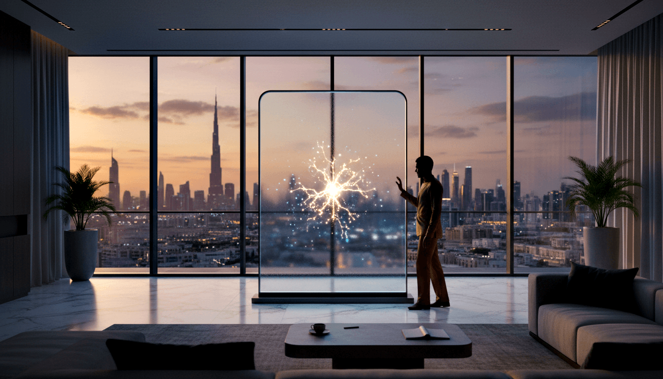 Silhouetted adult reaching toward glowing branching light burst on transparent panel in marble-floored room with floor-to-ceiling windows.
