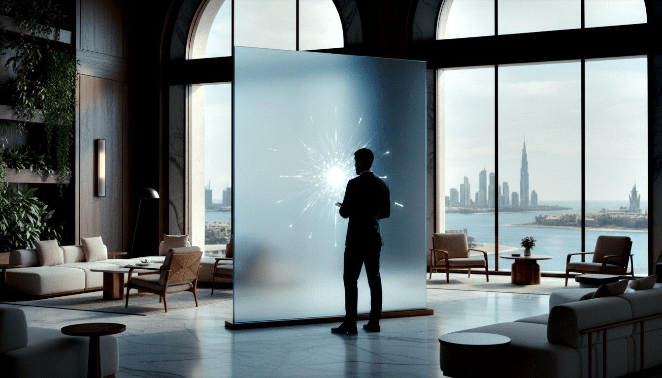 Silhouetted figure touches glowing frosted glass panel in high-rise lounge with marble floors and coastal skyline views.