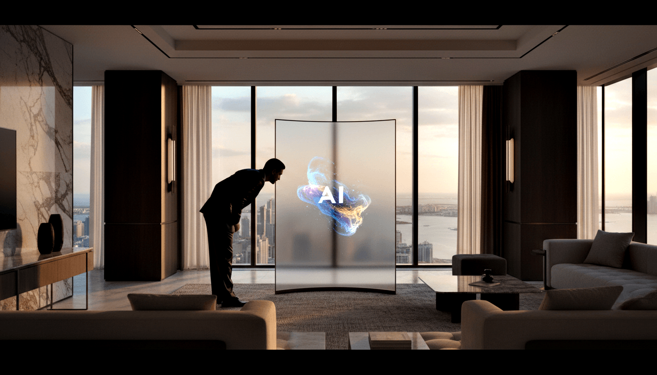 Man in dark suit leans toward curved transparent display glowing with blue and orange AI logo in a spacious modern interior at dusk.