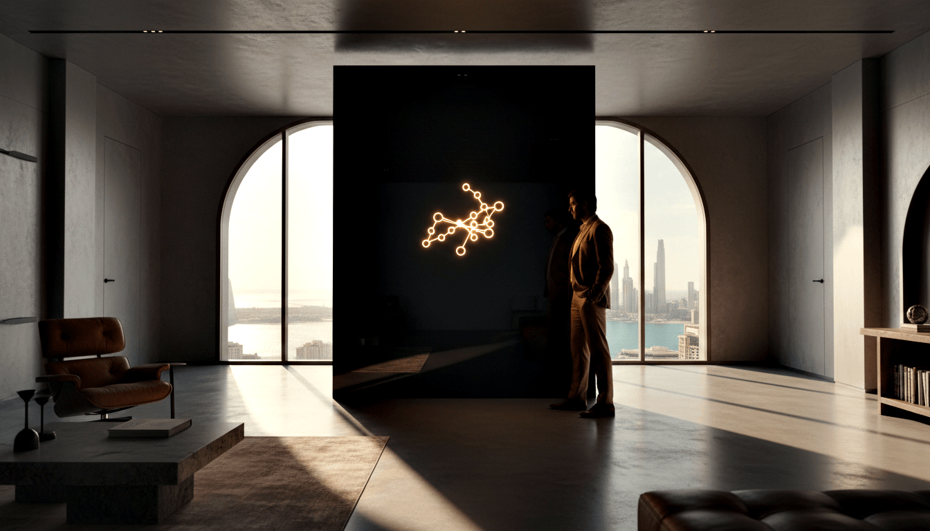 Man in tan blazer, hands behind back, faces large black panel with glowing amber node-and-line network in a minimalist room.