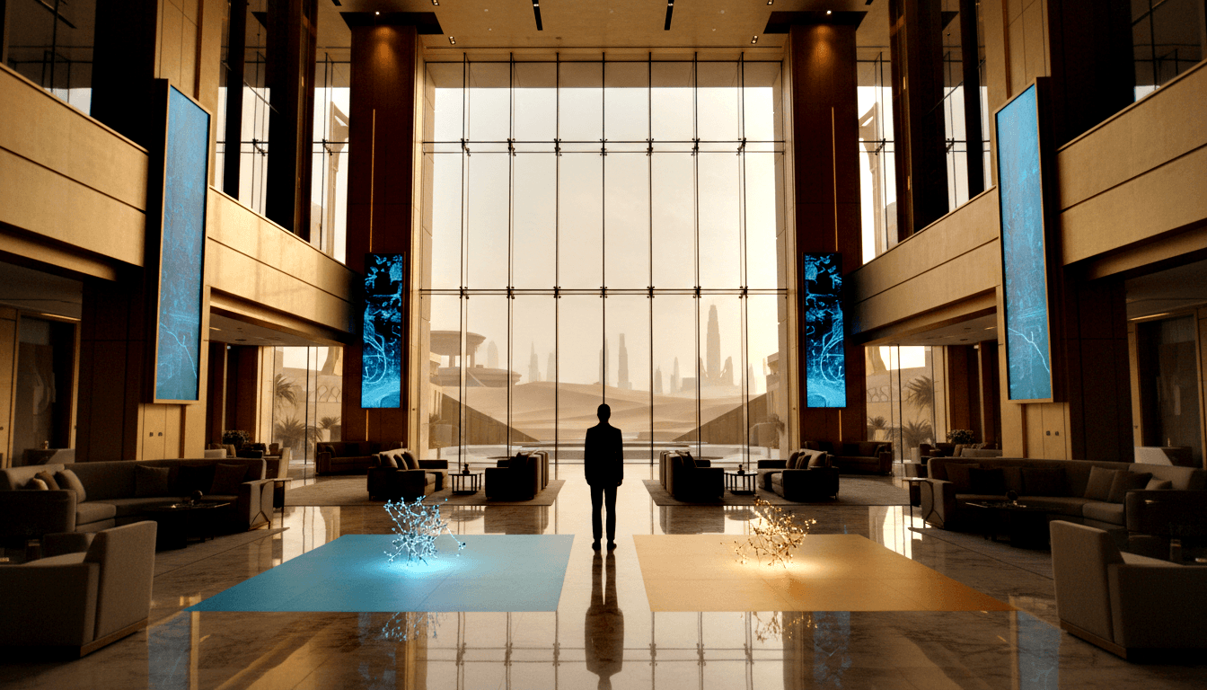 Silhouetted adult in formal attire stands in a marble-floored lobby facing floor-to-ceiling glass overlooking a hazy desert with distant towers.